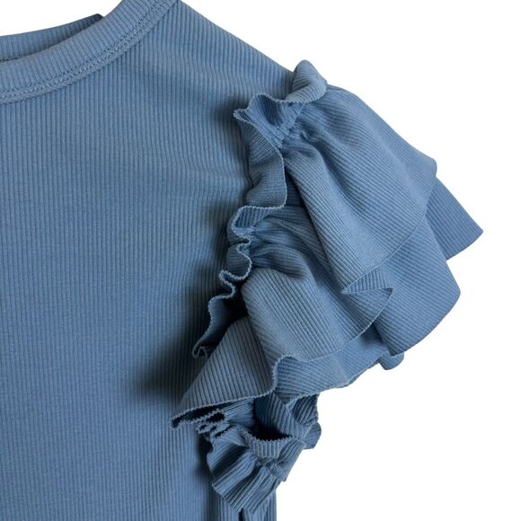 Tankaneo Tiktok Blue Ruffle Sleeve Ribbed Slim Fit Shirt Top Women's Small - Picture 5 of 6